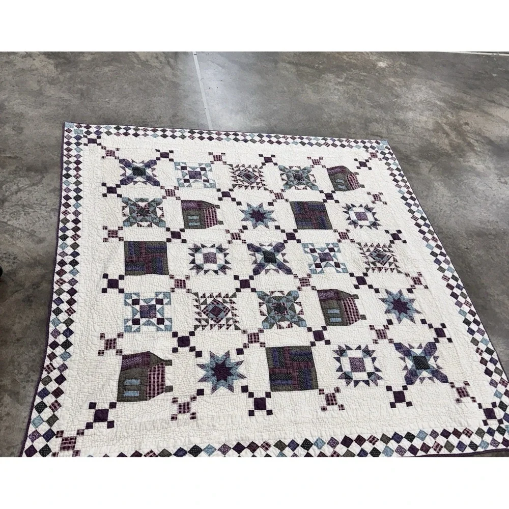 VTG Irish Chain Quilt Feedsack Farmhouse Cottage Purple Blue 81x81 Excellent!